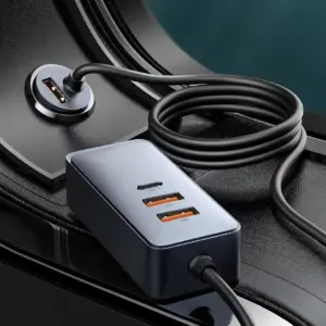 120W Multi-Port Fast Car Charger with USB & Type-C Ports + Extension Cord