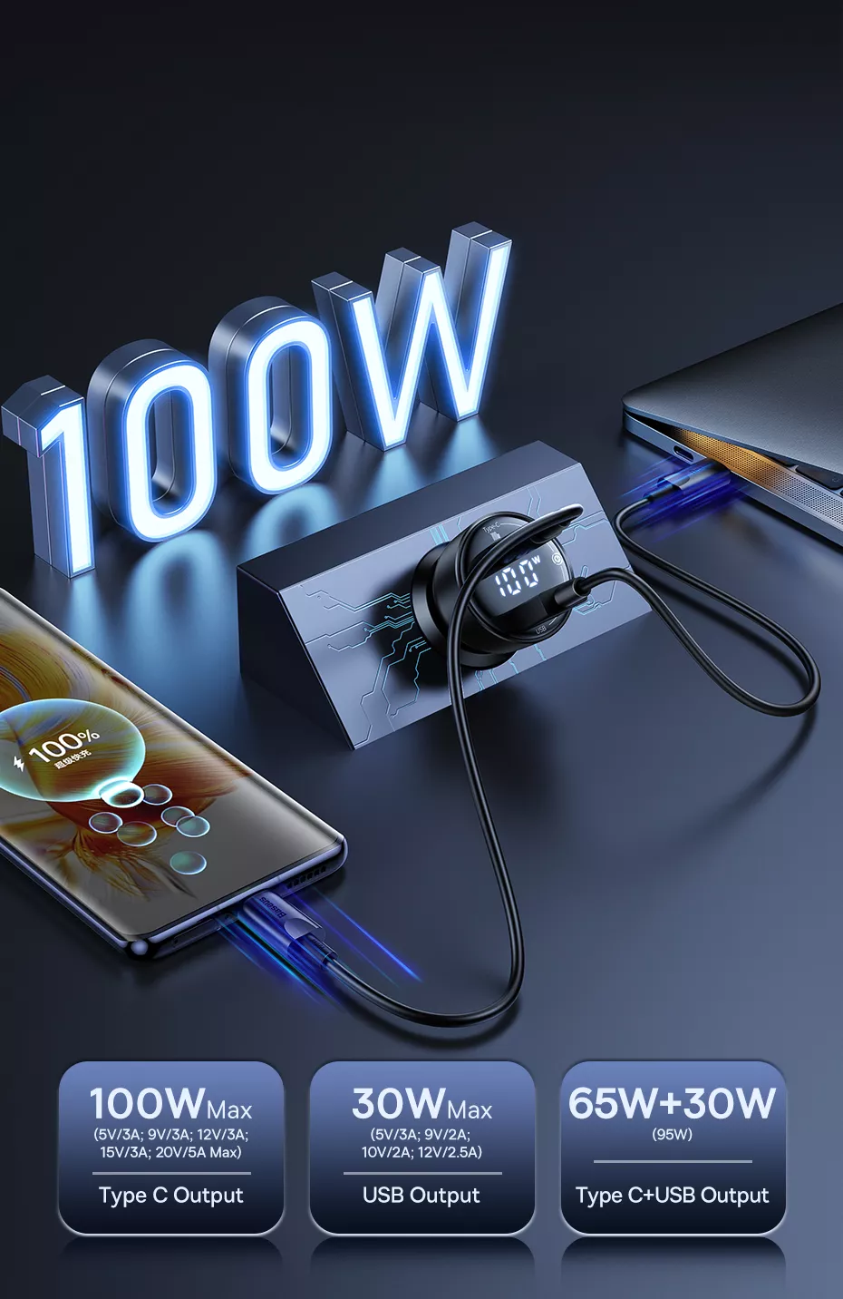 100W Dual Port Fast Car Charger with Voltage Display & Universal Compatibility 24 78959 7bf4bf