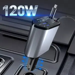 100W Fast Car Charger with 4-in-1 Telescopic Cable & Cigarette Lighter