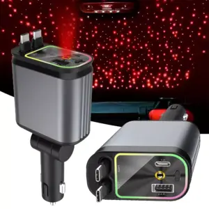 4-in-1 Retractable Car Charger with Starlight Roof, 100W USB-C Fast Charging